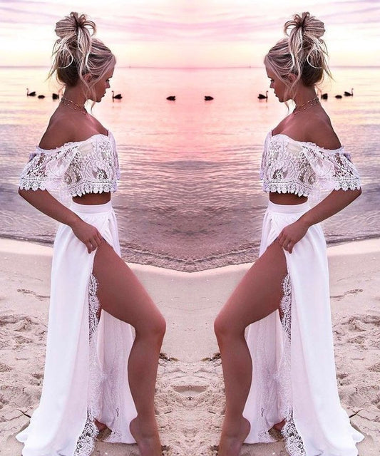 Off Shoulder Lace Beach Two Piece Wedding Dress