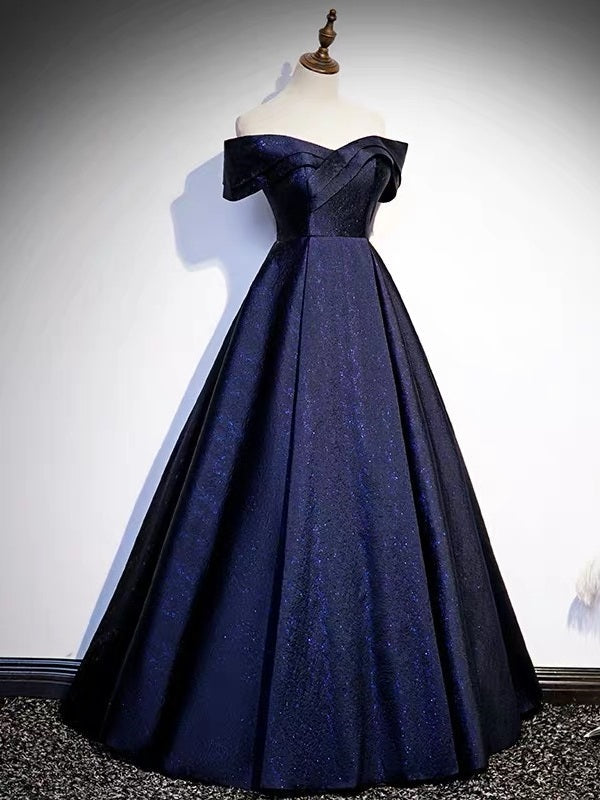 Off Shoulder Puffy Prom Dress in Navy Blue