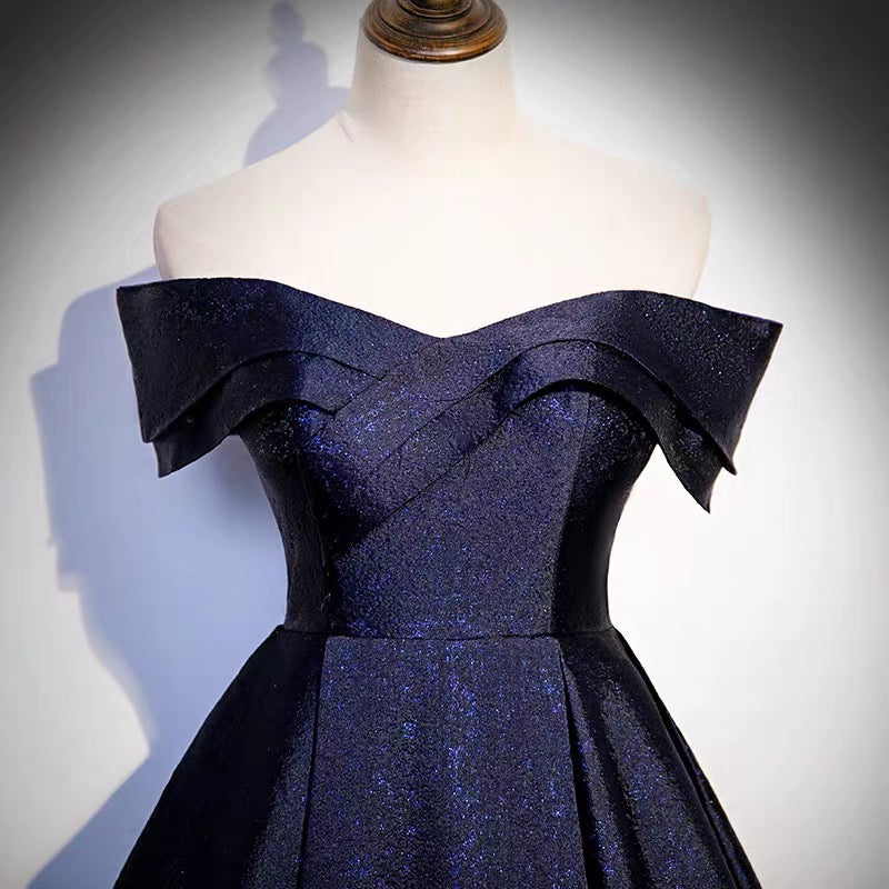 Off Shoulder Puffy Prom Dress in Navy Blue