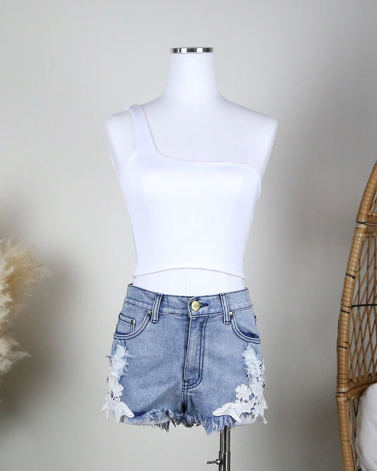 One Shoulder Solid Crop Top in White