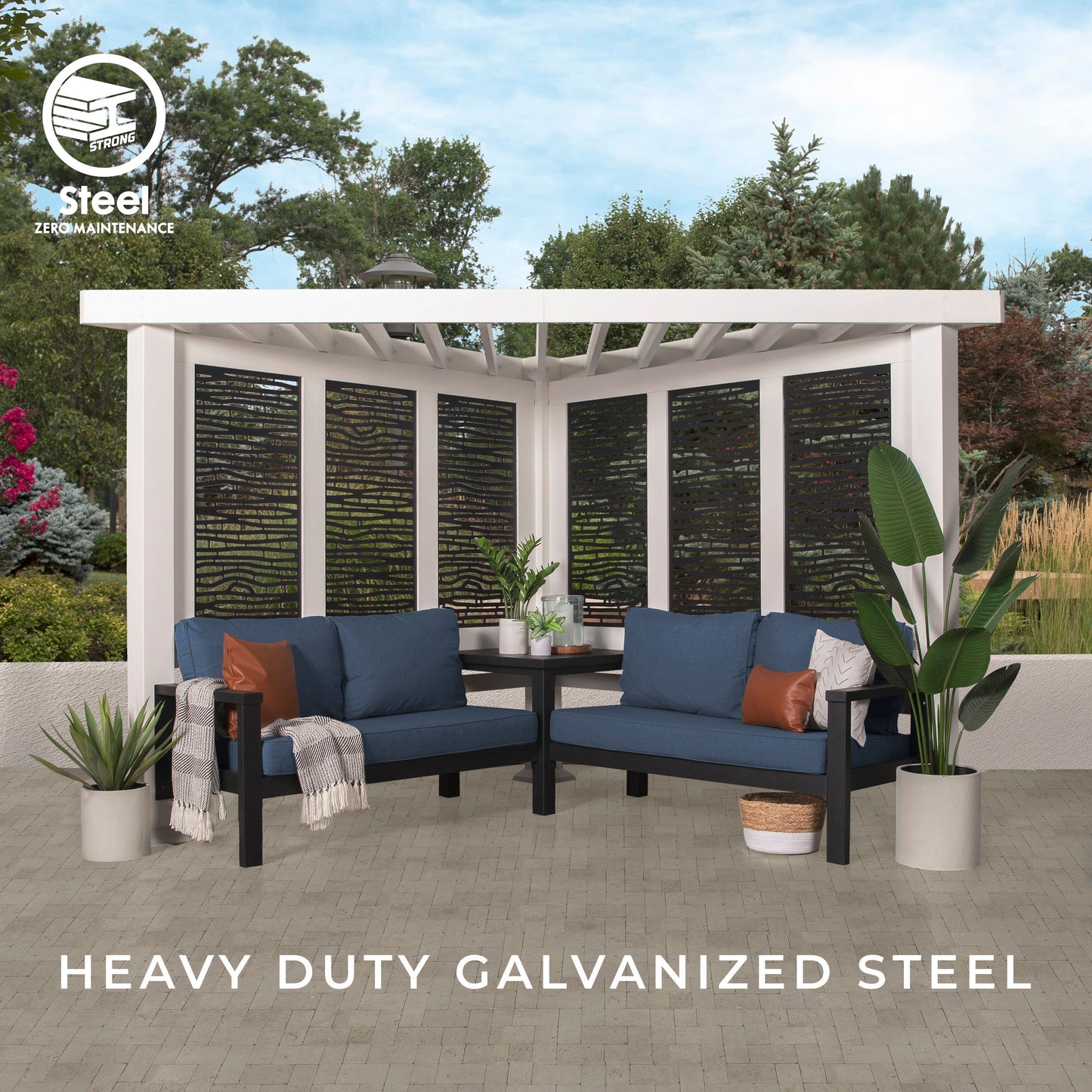 Ridgedale Modern Steel Cabana Pergola with Conversational Seating