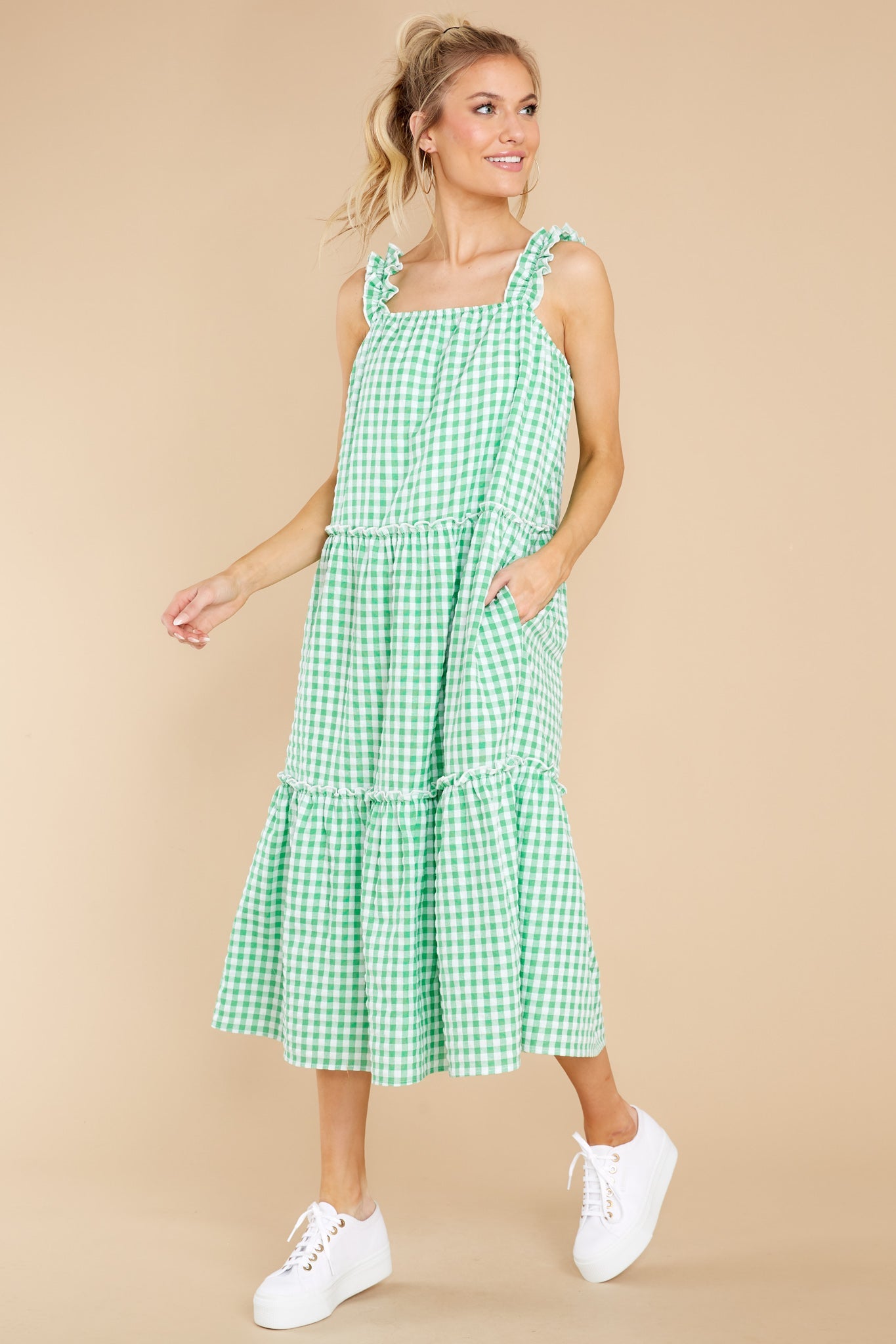 Twirl About Green Gingham Midi Dress