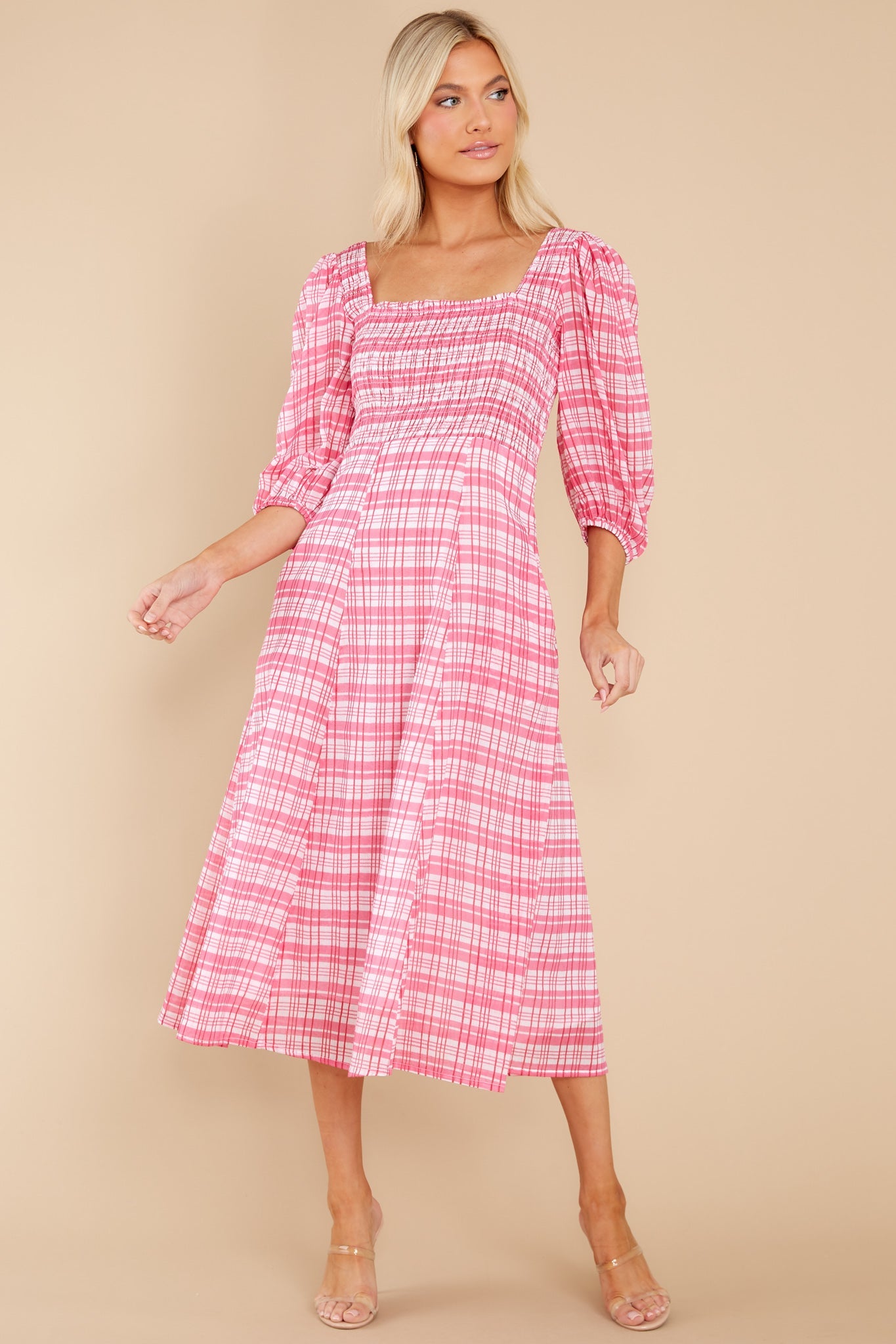 Bridget Country Plaid Pink Midi Dress