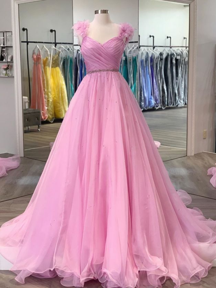 Pink Princess Ball Gown Prom Dress with Floral Shoulders,21121314