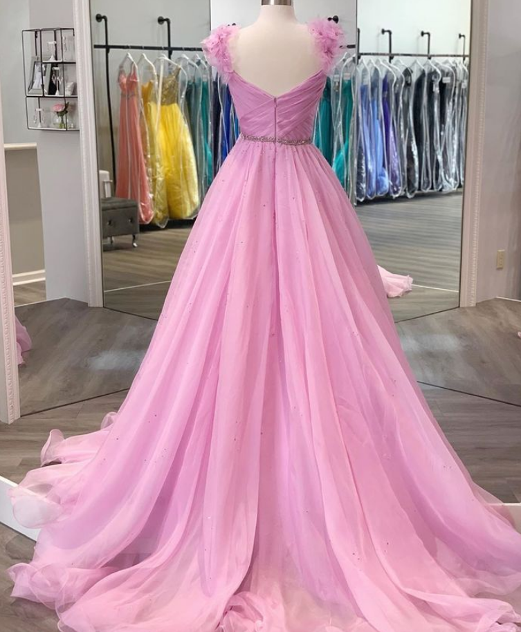 Pink Princess Ball Gown Prom Dress with Floral Shoulders,21121314