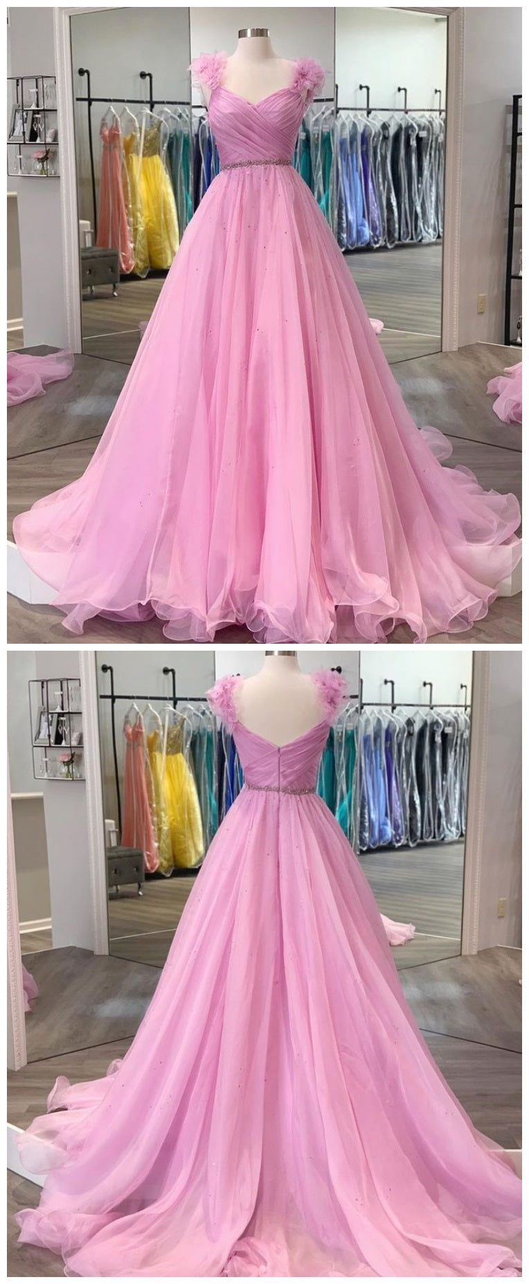 Pink Princess Ball Gown Prom Dress with Floral Shoulders,21121314