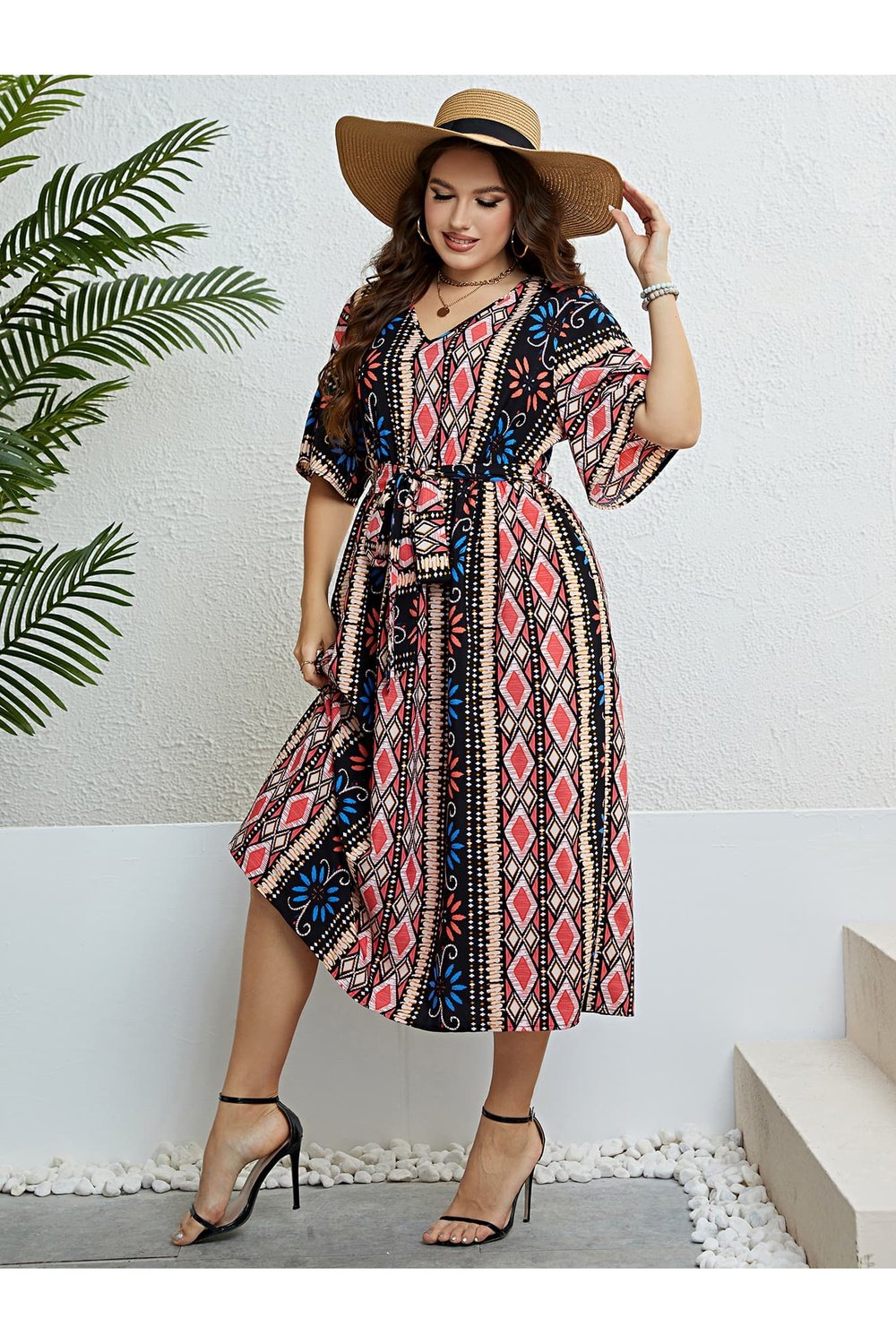 Plus Size Bohemian V-Neck Tie Belt Midi Dress