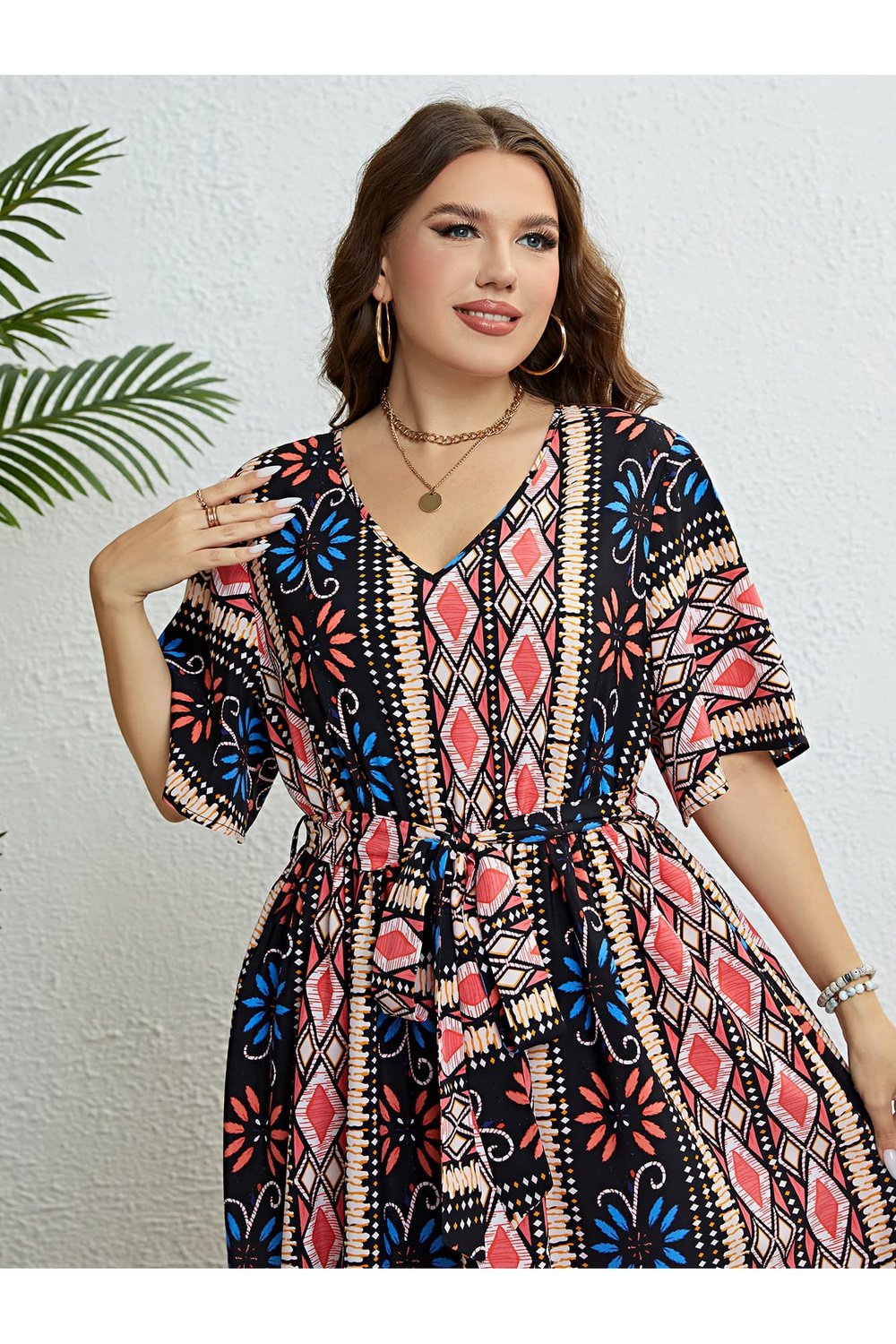 Plus Size Bohemian V-Neck Tie Belt Midi Dress