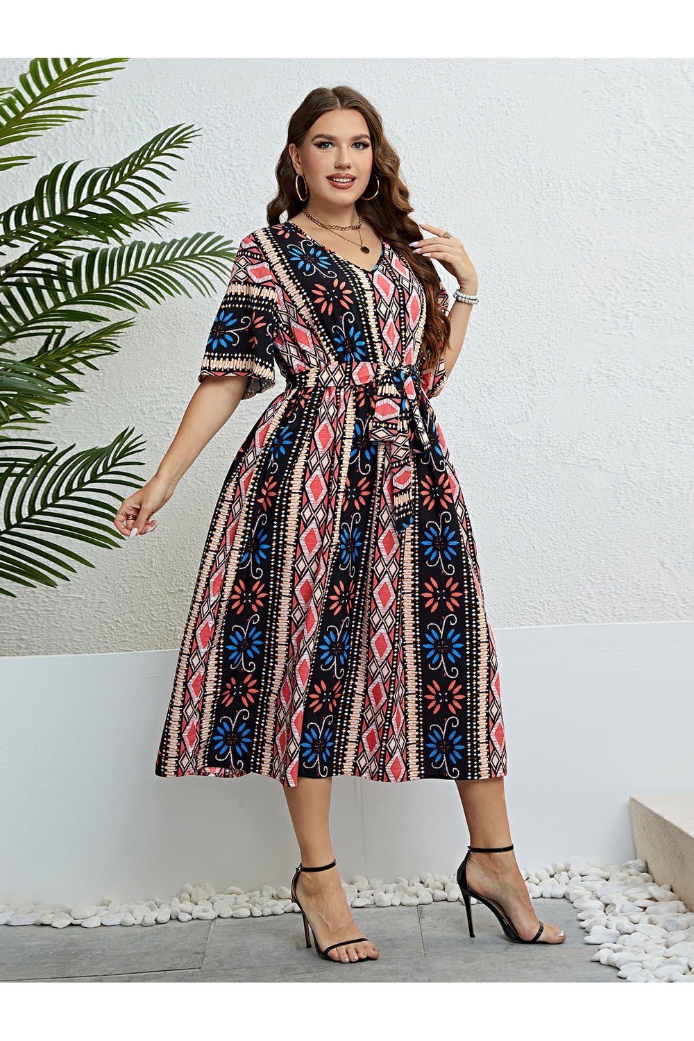 Plus Size Bohemian V-Neck Tie Belt Midi Dress