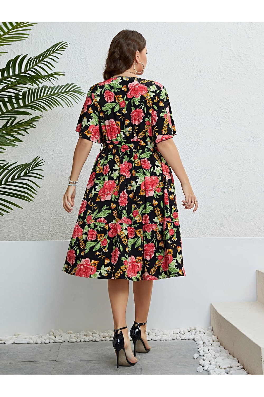 Plus Size Floral Tie Belt Surplice Dress