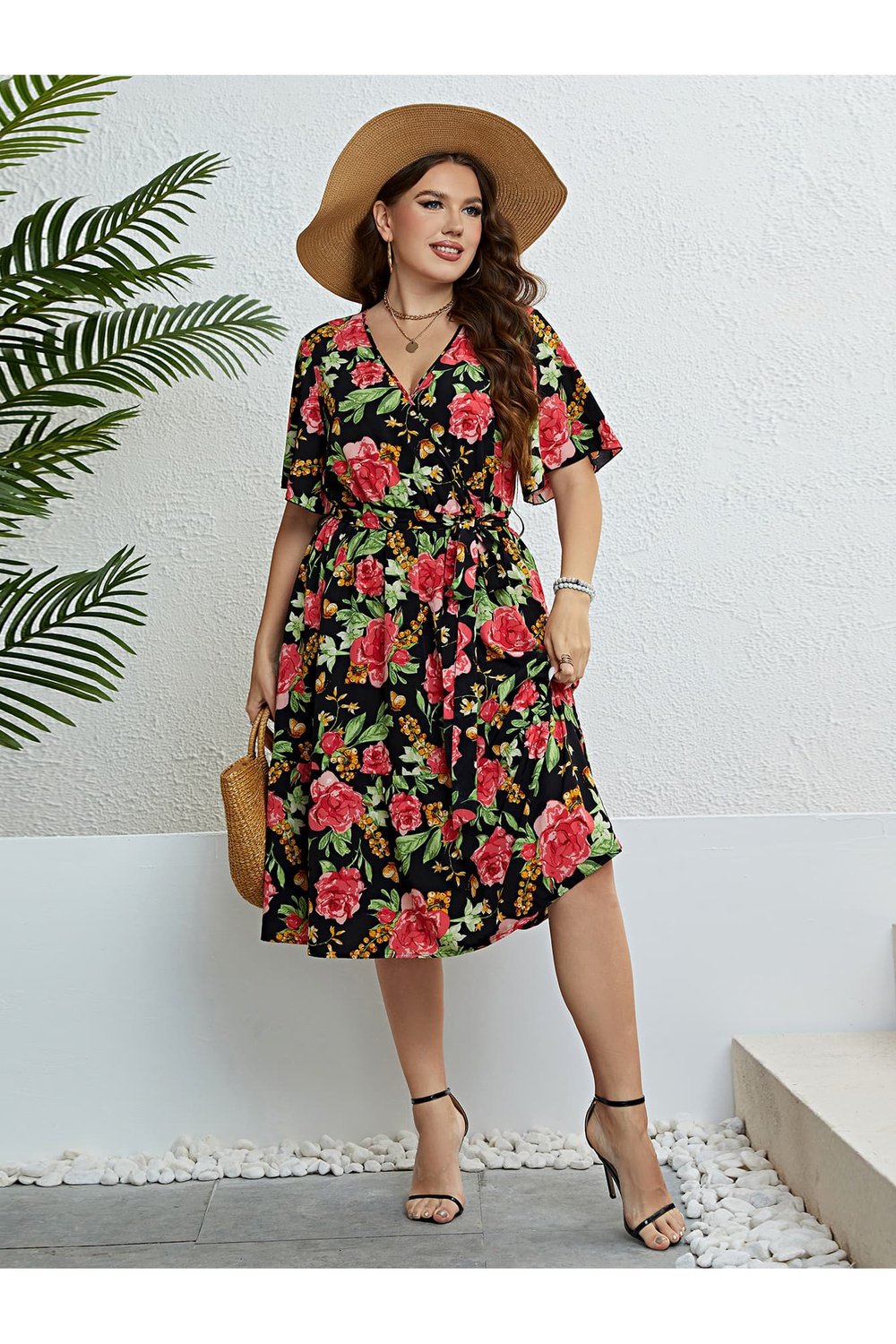 Plus Size Floral Tie Belt Surplice Dress