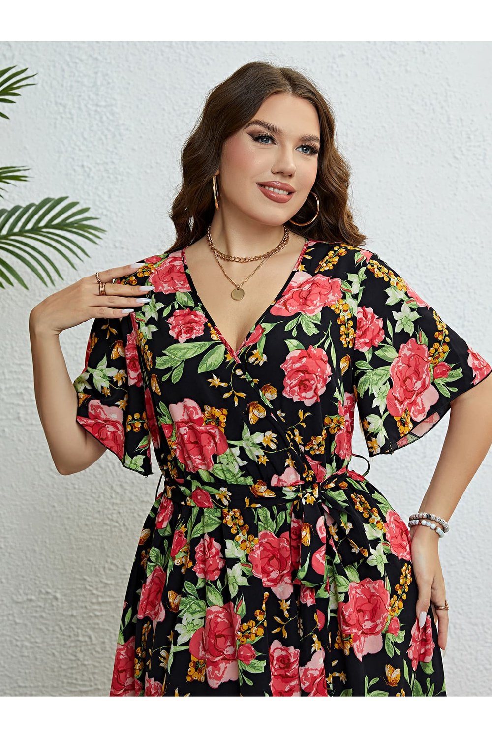 Plus Size Floral Tie Belt Surplice Dress