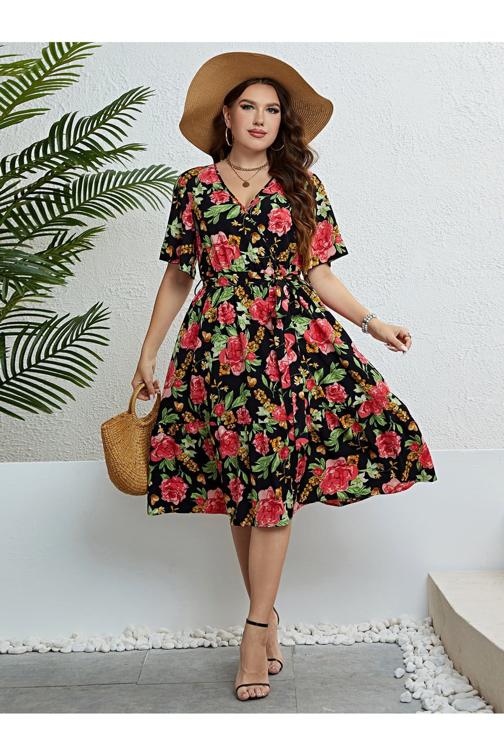Plus Size Floral Tie Belt Surplice Dress