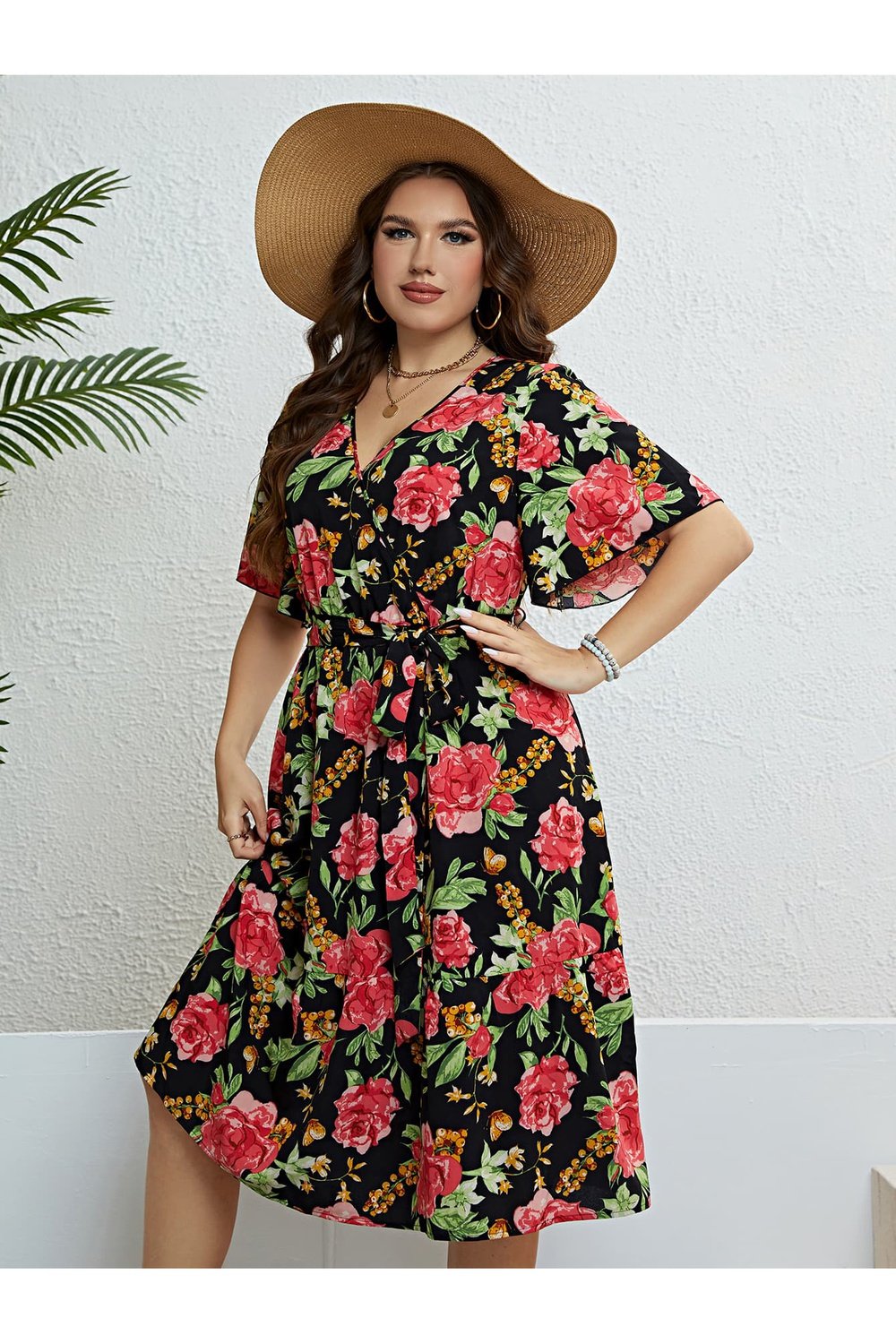 Plus Size Floral Tie Belt Surplice Dress