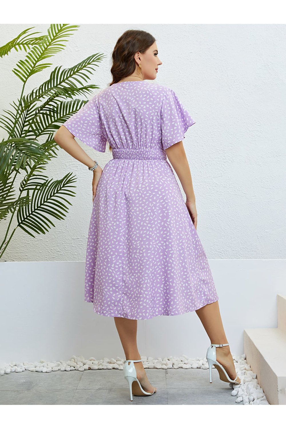 Plus Size Printed Smocked Waist Surplice Dress