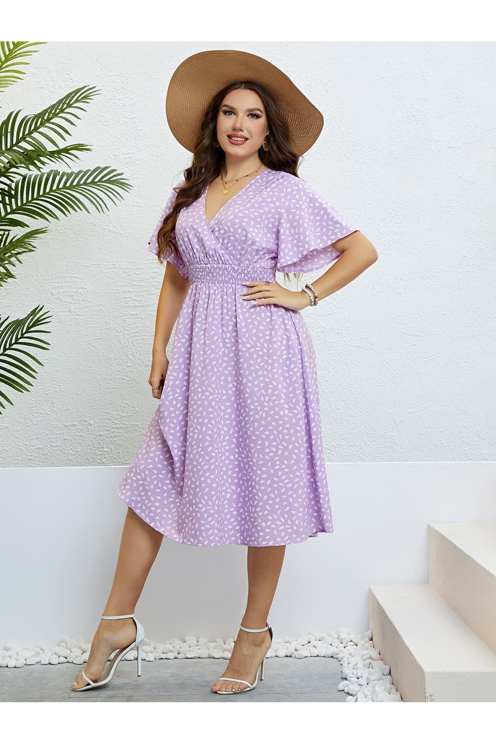 Plus Size Printed Smocked Waist Surplice Dress