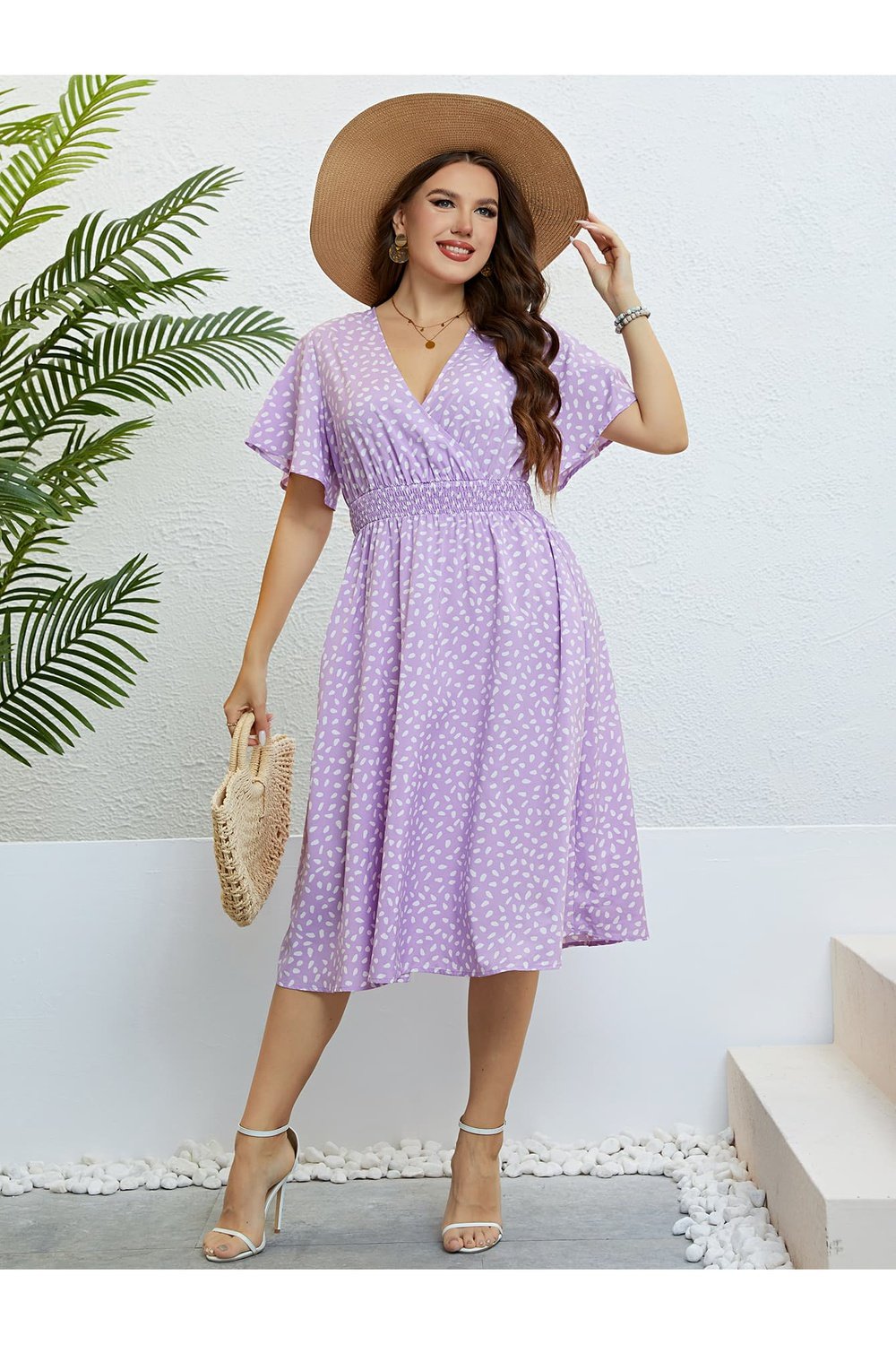Plus Size Printed Smocked Waist Surplice Dress