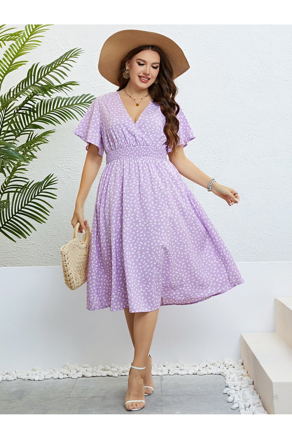 Plus Size Printed Smocked Waist Surplice Dress