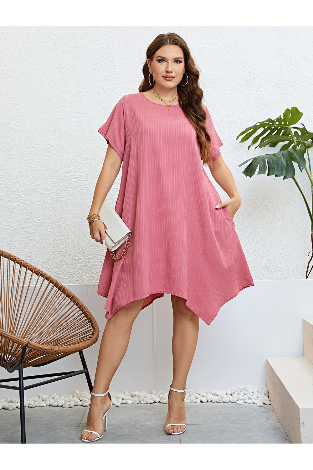 Plus Size Round Neck Handkerchief Hem Dress