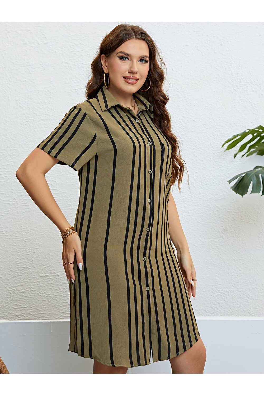 Plus Size Striped Short Sleeve Shirt Dress