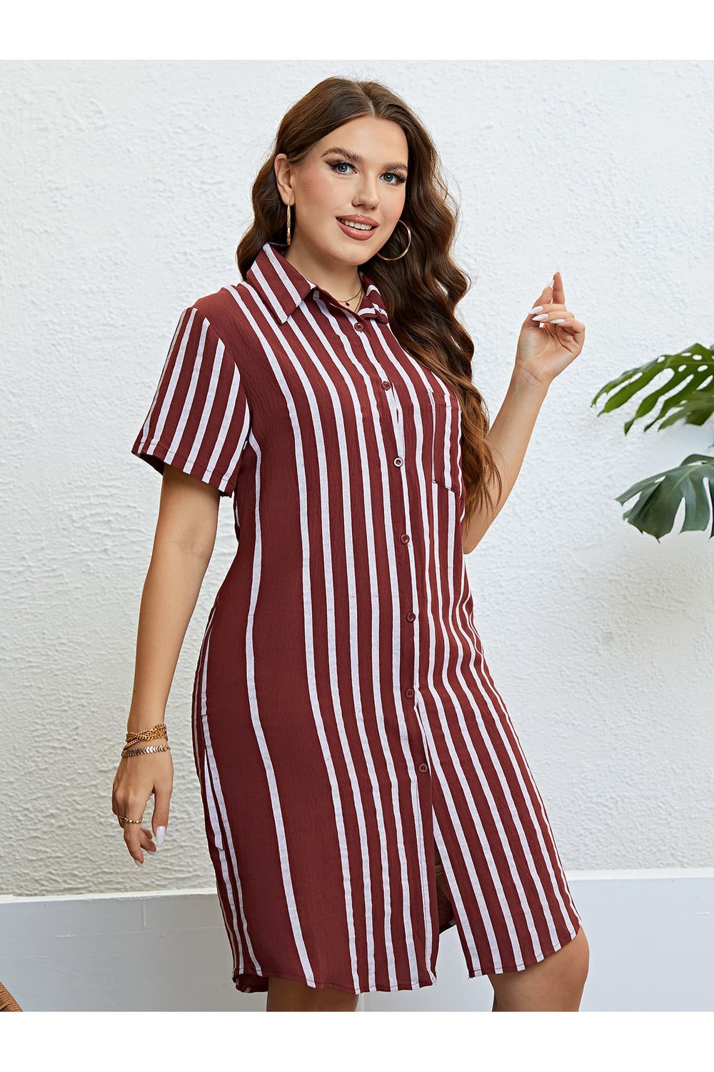 Plus Size Striped Short Sleeve Shirt Dress