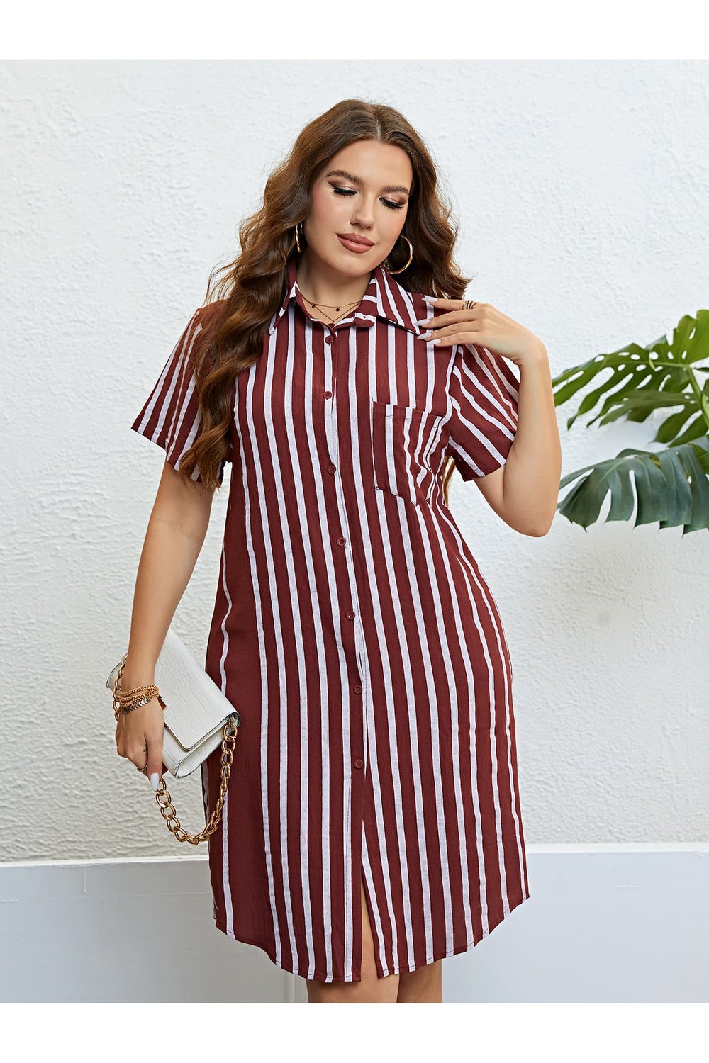Plus Size Striped Short Sleeve Shirt Dress