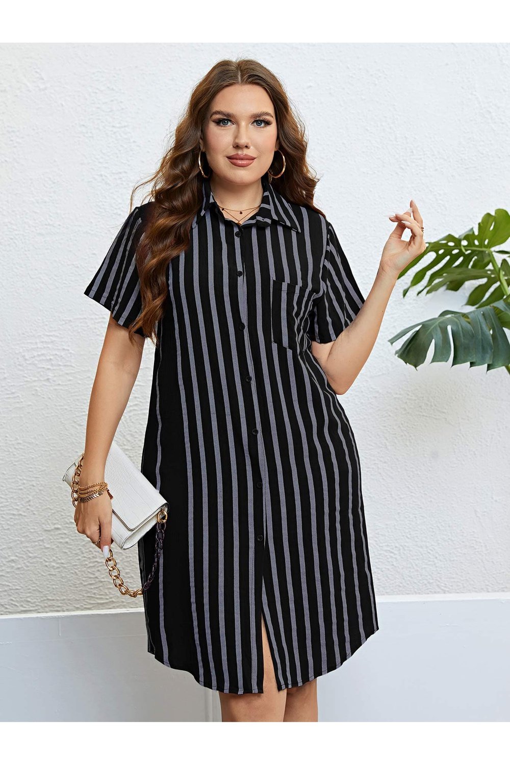 Plus Size Striped Short Sleeve Shirt Dress