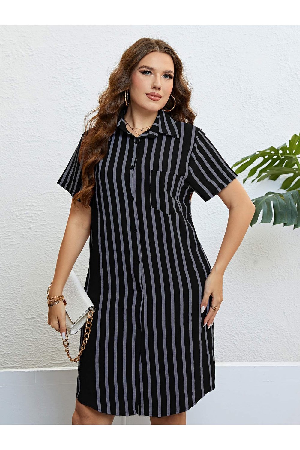 Plus Size Striped Short Sleeve Shirt Dress