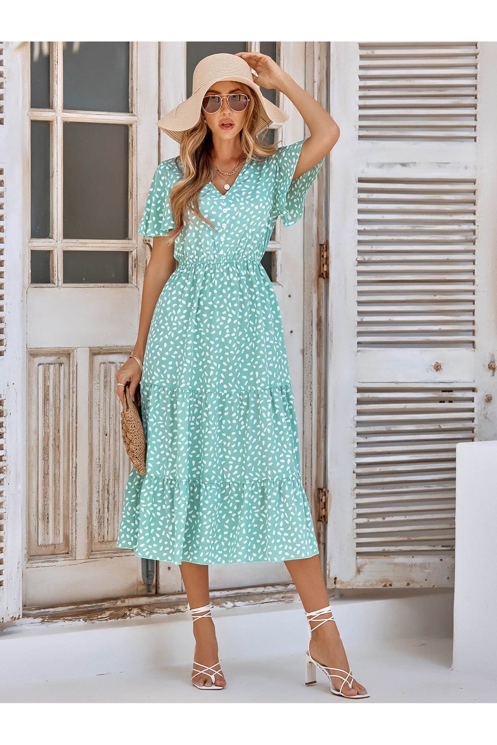 Printed Flutter Sleeve Tiered Dress