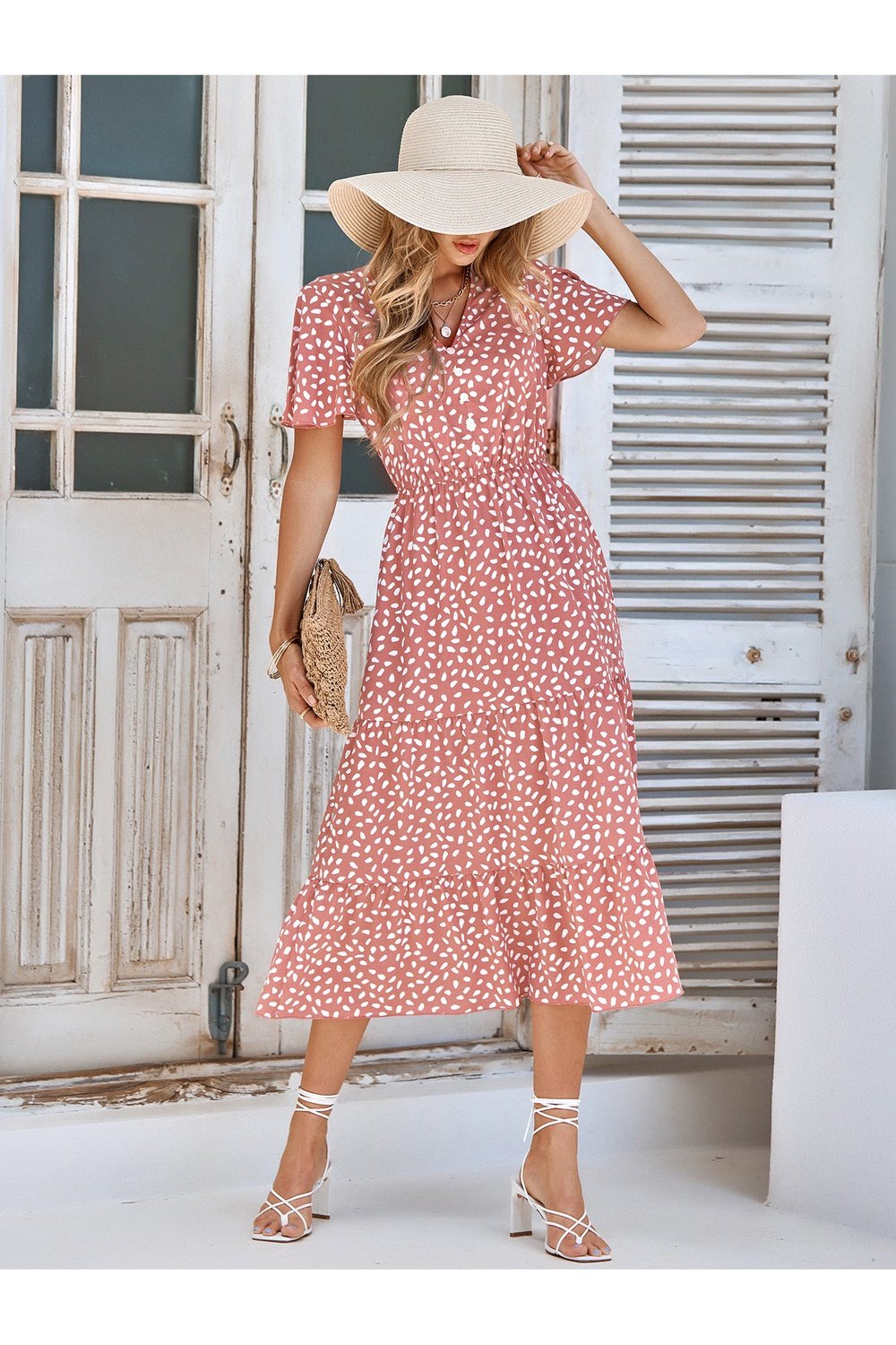 Printed Flutter Sleeve Tiered Dress