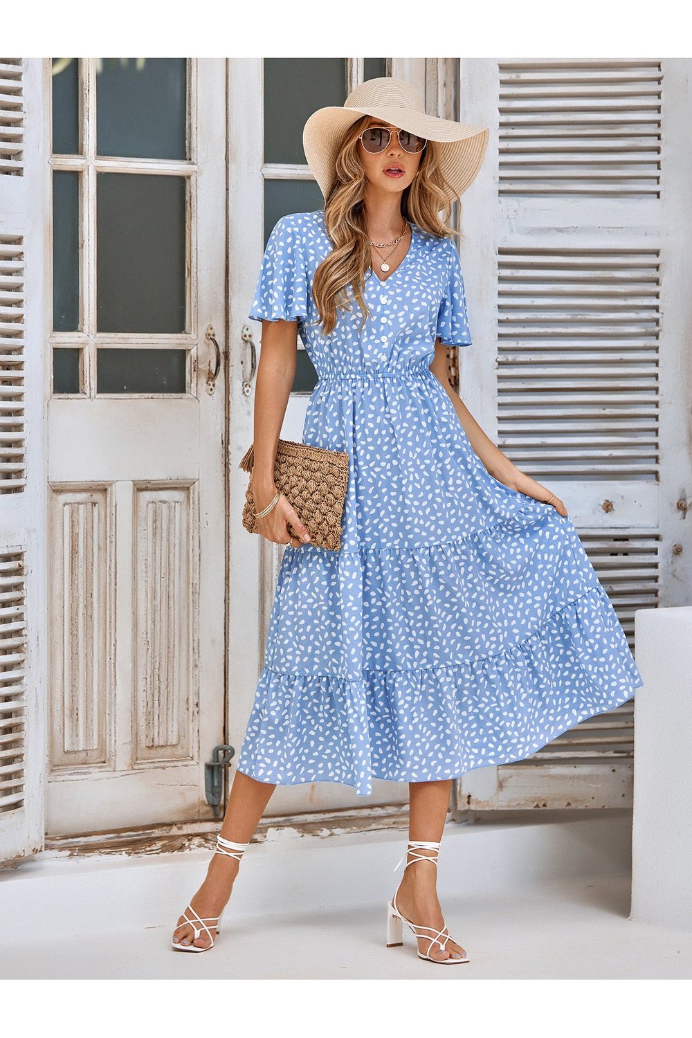 Printed Flutter Sleeve Tiered Dress