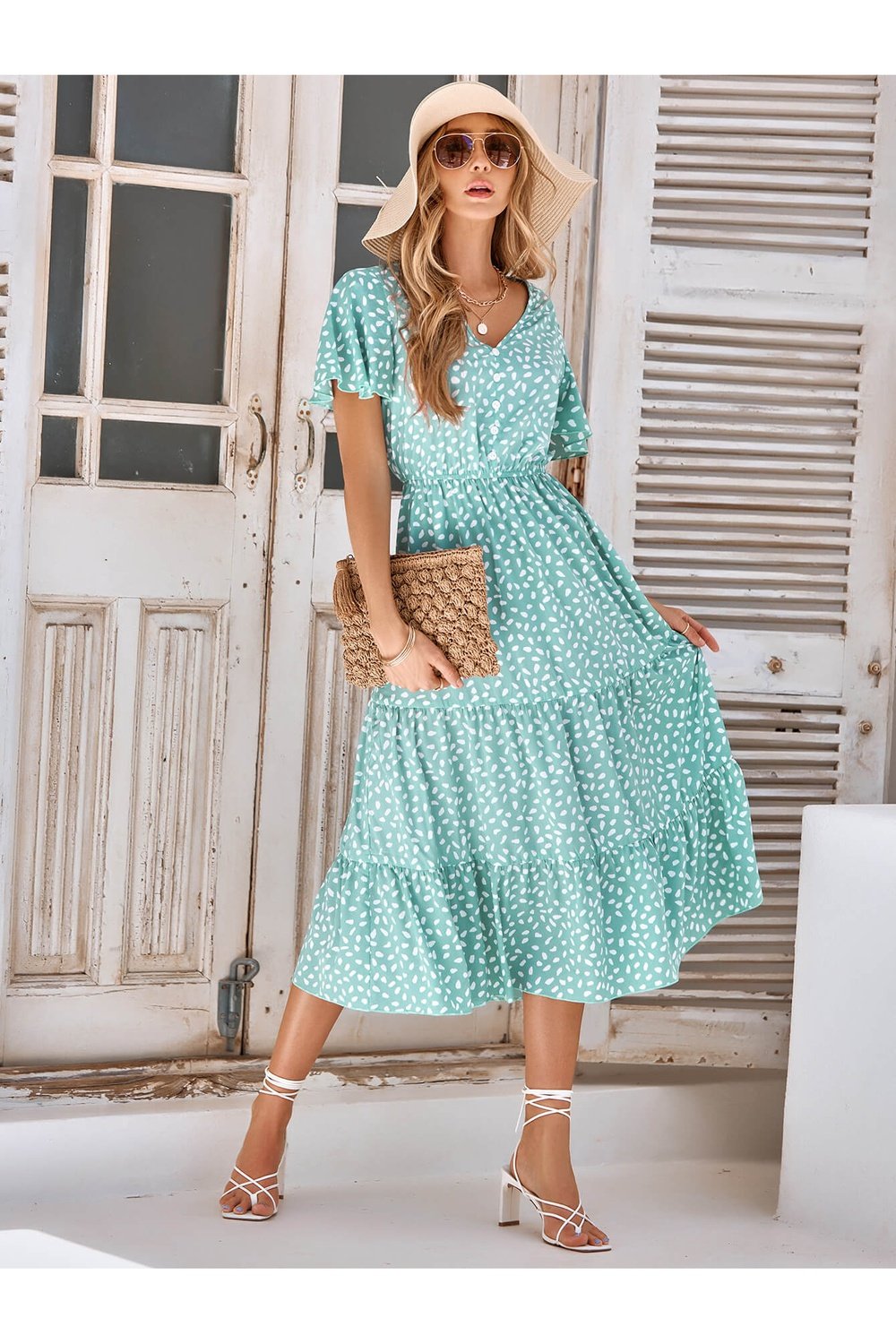 Printed Flutter Sleeve Tiered Dress