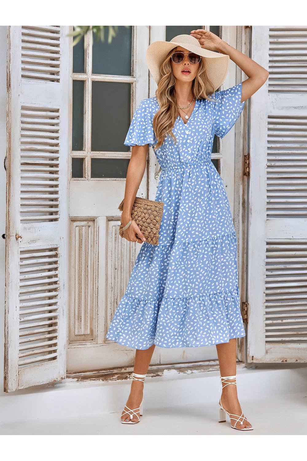 Printed Flutter Sleeve Tiered Dress