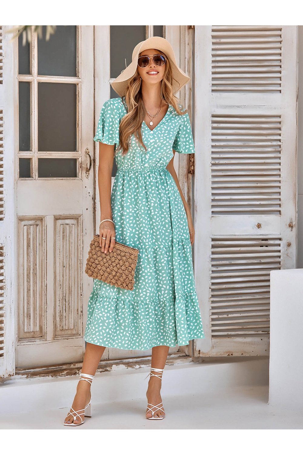 Printed Flutter Sleeve Tiered Dress
