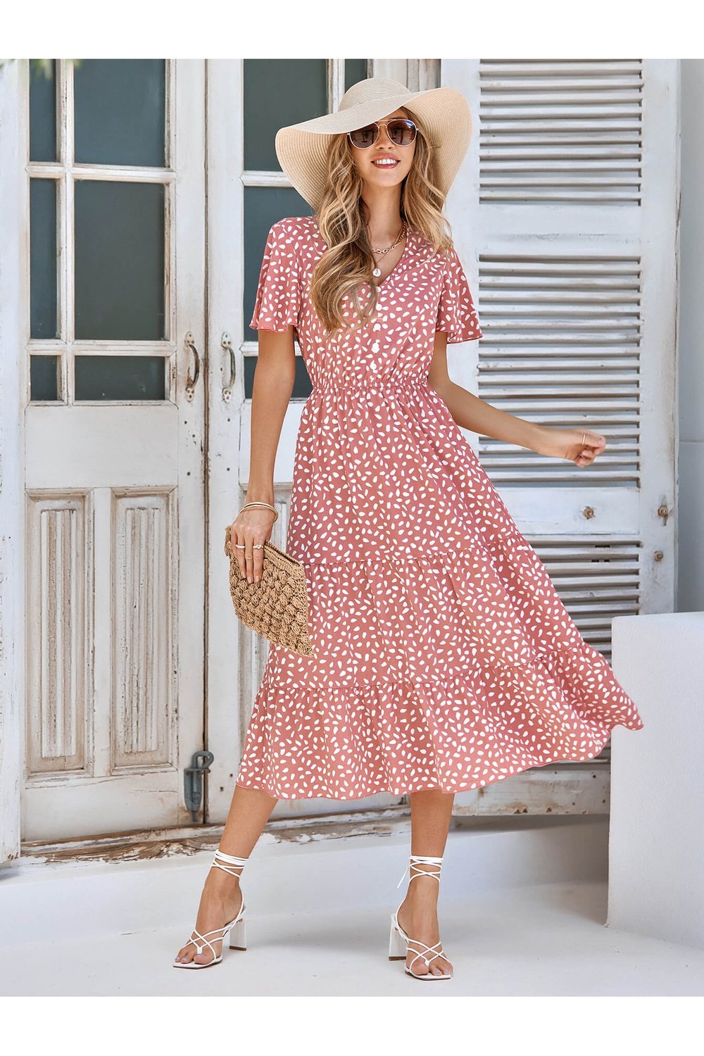 Printed Flutter Sleeve Tiered Dress