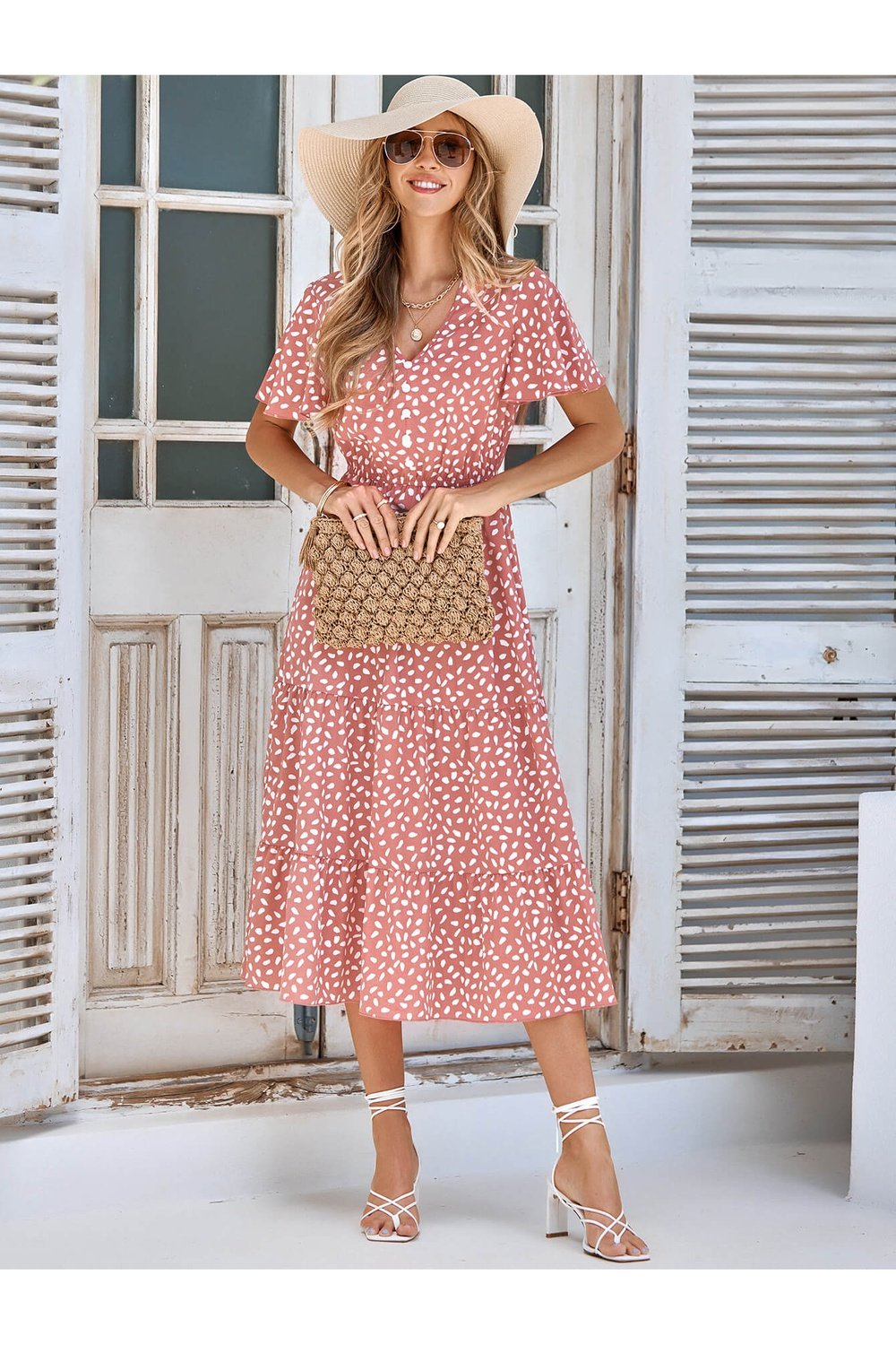 Printed Flutter Sleeve Tiered Dress