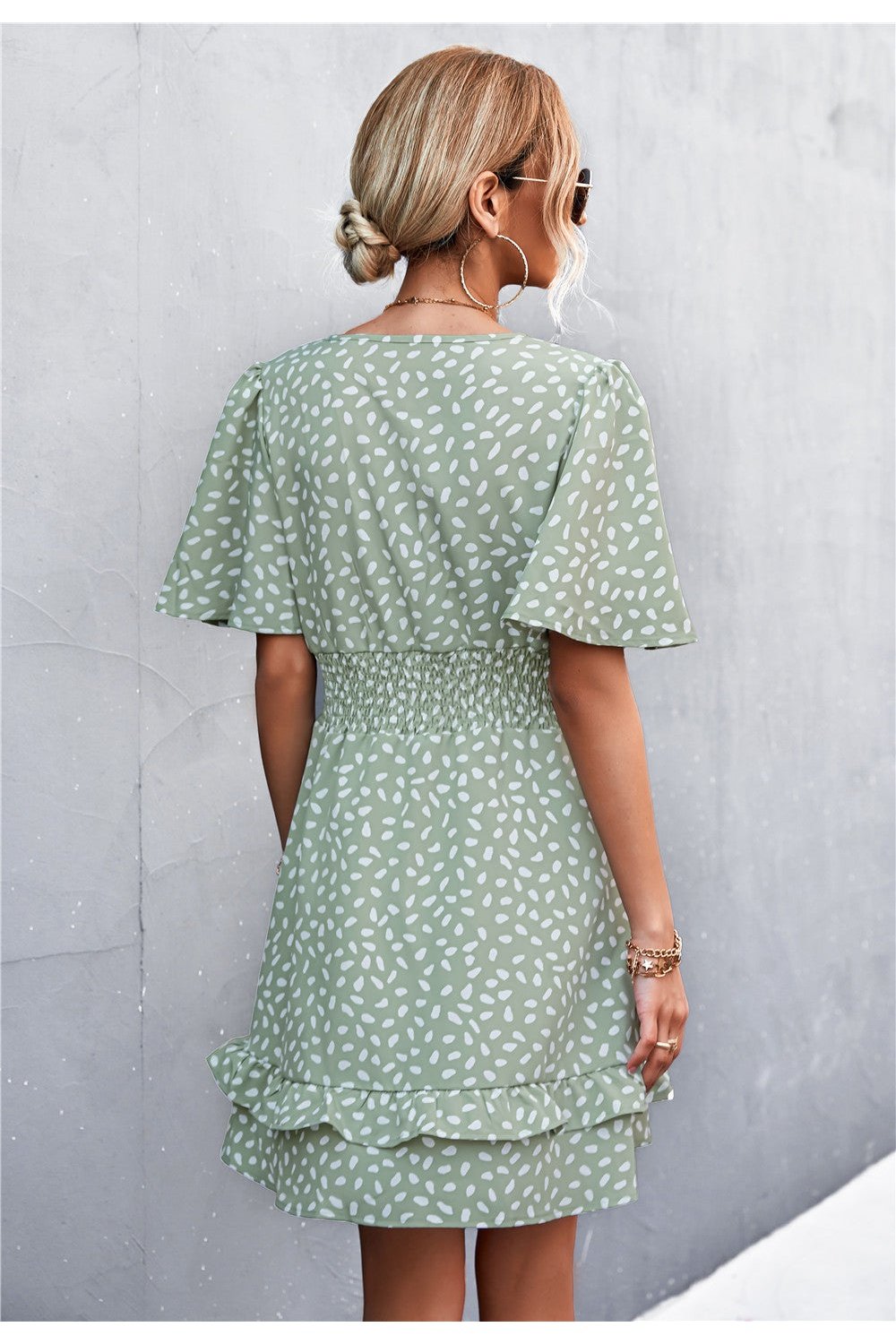 Printed Smocked Waist Layered Surplice Dress