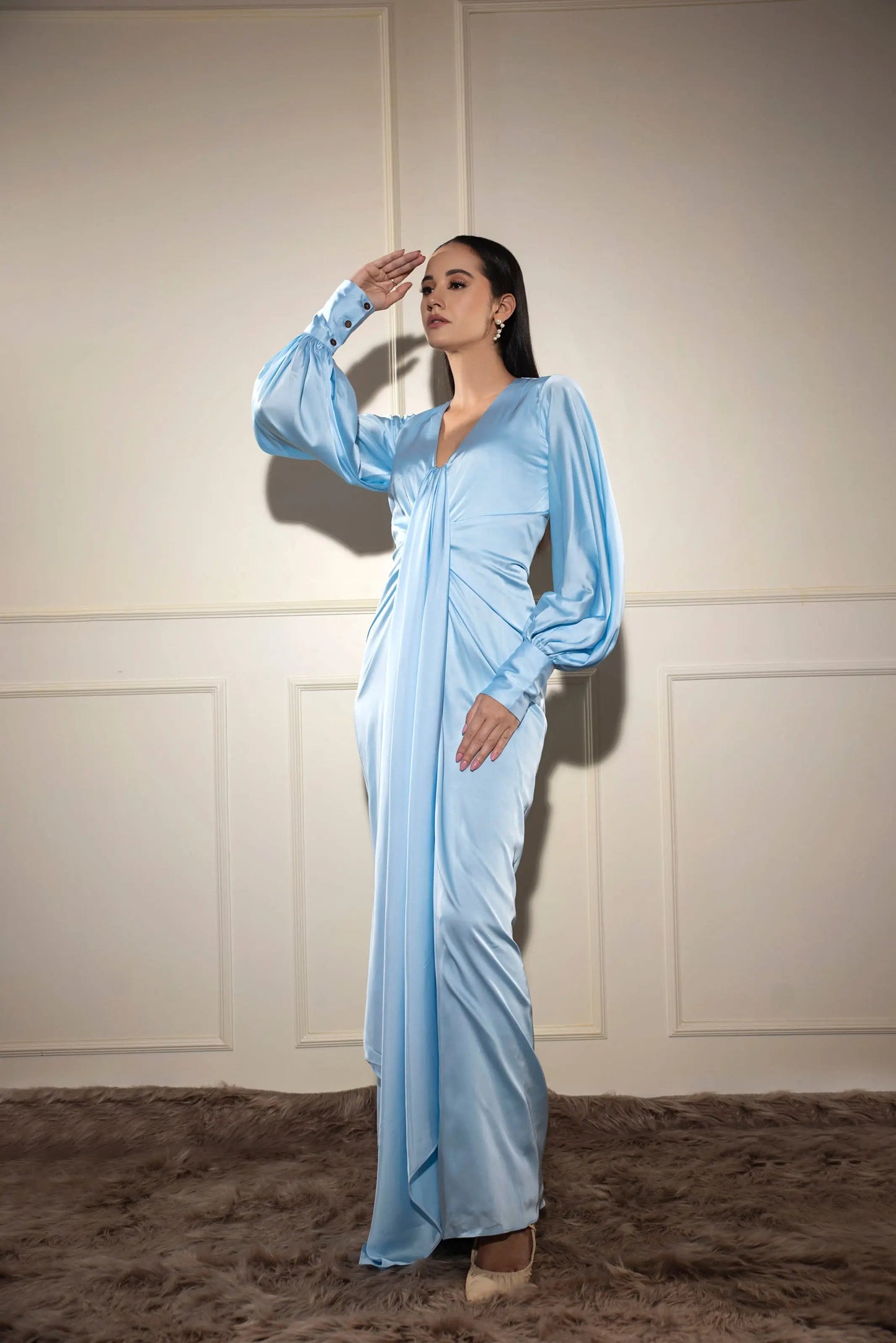 Puff sleeves long satin dress