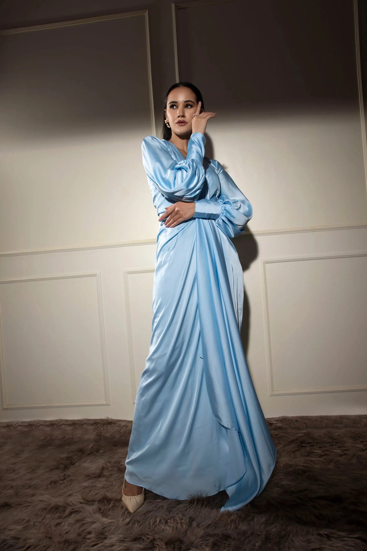 Puff sleeves long satin dress