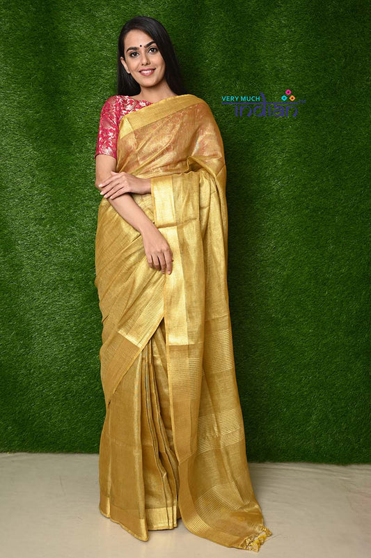 Pure Handwoven Organic Tissue Linen Saree - Shimmery Gold