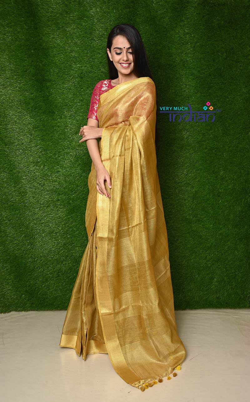 Pure Handwoven Organic Tissue Linen Saree - Shimmery Gold