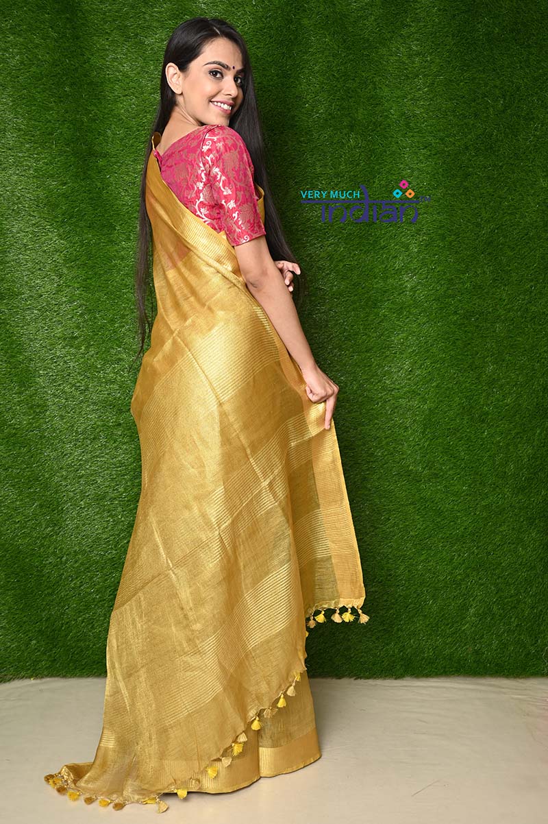 Pure Handwoven Organic Tissue Linen Saree - Shimmery Gold