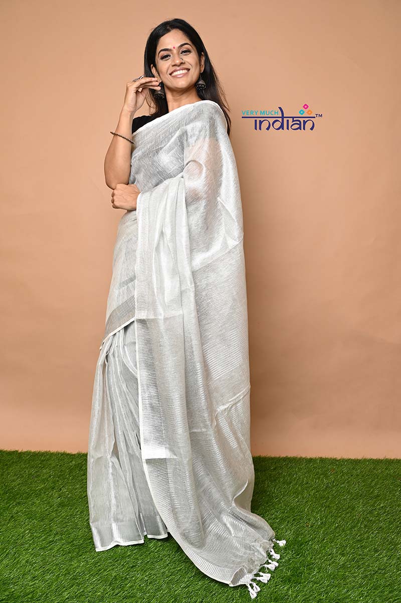 Pure Handwoven Organic Tissue Linen Saree - Silver colour