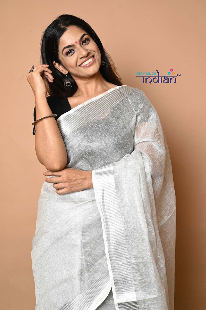 Pure Handwoven Organic Tissue Linen Saree - Silver colour