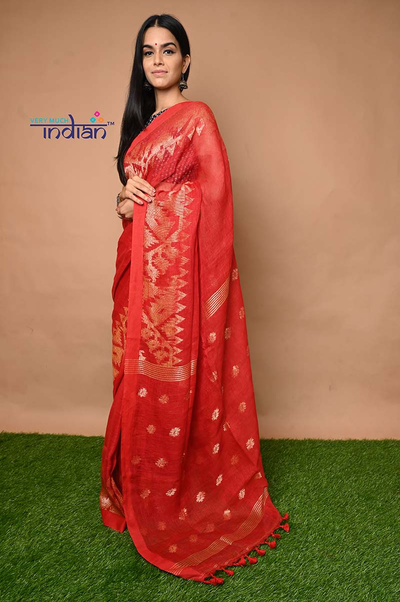 Pure Linen Jamdhani Handwoven and Hand-Dyed Saree in Bright Red Colour