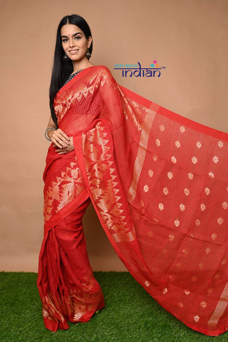 Pure Linen Jamdhani Handwoven and Hand-Dyed Saree in Bright Red Colour