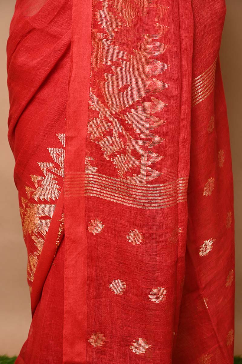 Pure Linen Jamdhani Handwoven and Hand-Dyed Saree in Bright Red Colour