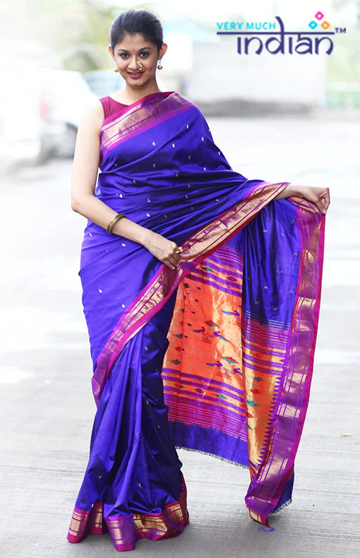 Pure Silk Handloom Yeola Paithani - Traditional Double Pallu - Dark Blue with Purple border