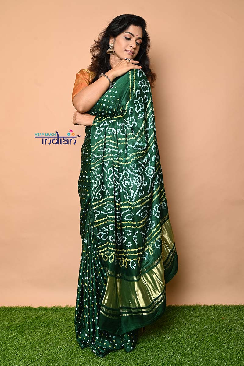 Pure Gajji Silk Handmade Green &amp; Gold Bandhani Weave