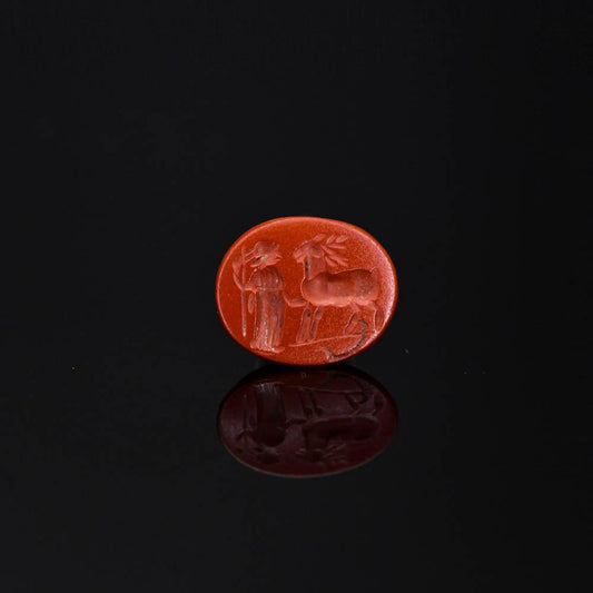 A Roman Red Jasper Intaglio of Diana and Stag, Roman Imperial Period, ca. 1st - 3rd century CE